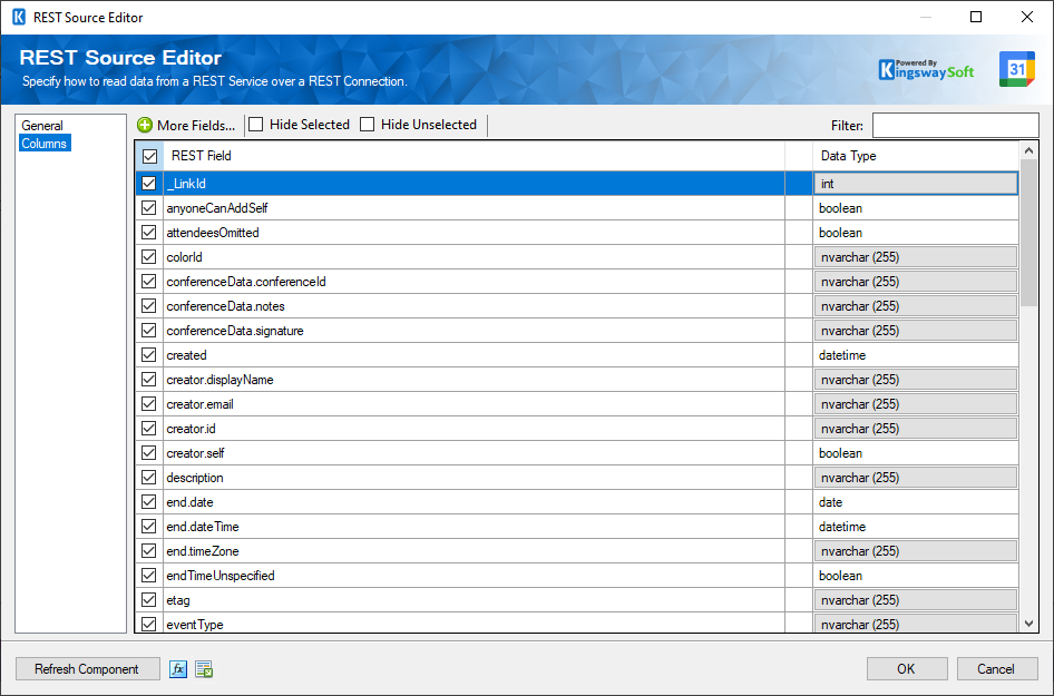 SSIS Google Calendar Source Component - Columns